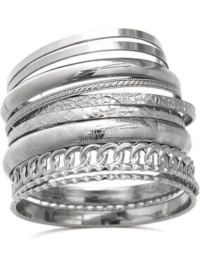 Women's Indian Bangles Set, Multi Layer Textured Silver Plated Chunky Bracelet